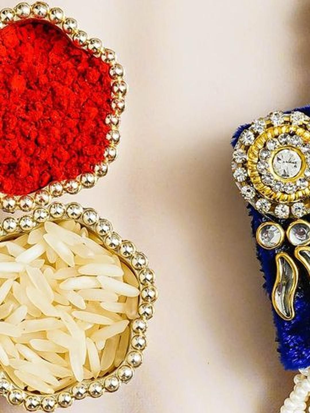 eCraftIndia Set Of 2 Stone-Studded Rakhi With Roli Rice & Best Bro Ever Fridge Magnet-picture-36