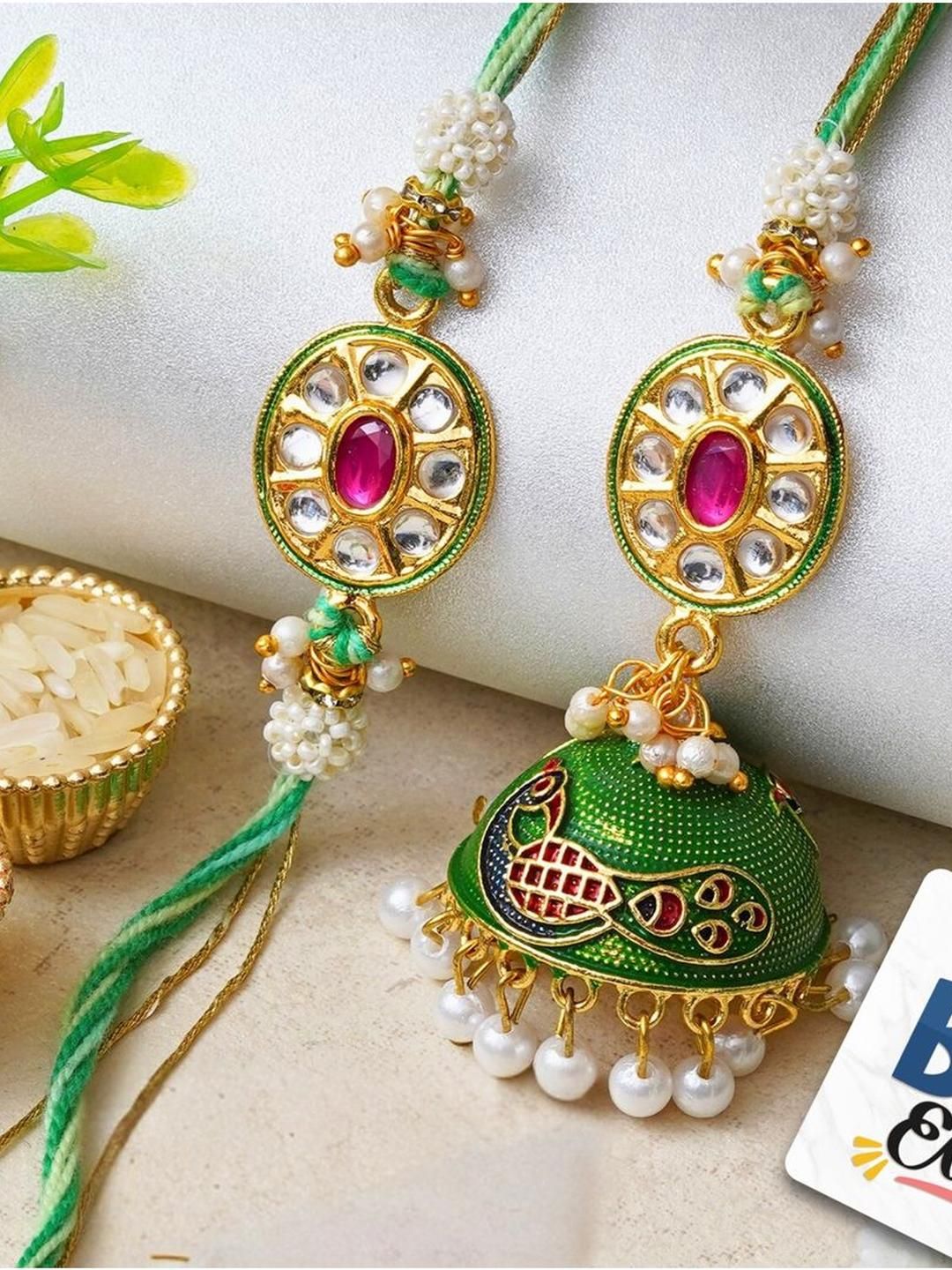eCraftIndia Set Of 2 Diamond-Studded & Beaded Rakhi With Roli Rice & Fridge Magnet-picture-33