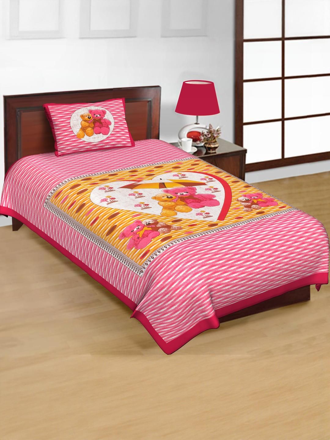Salgia Teddy-Bear Printed 144 TC Single Bedsheet With 1 Pillow Cover-picture-19