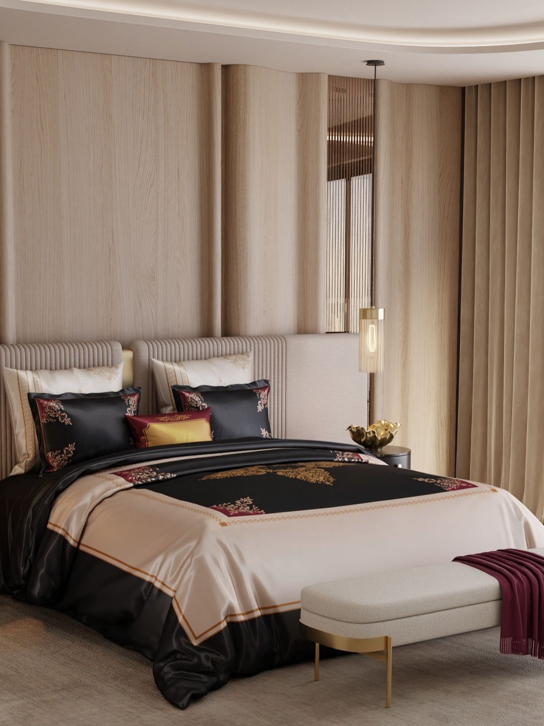 Stoa Paris Black & Gold-Toned Ethnic Motifs Other 7 Piece Double Extra Large Superfine Bedding Set-image-15