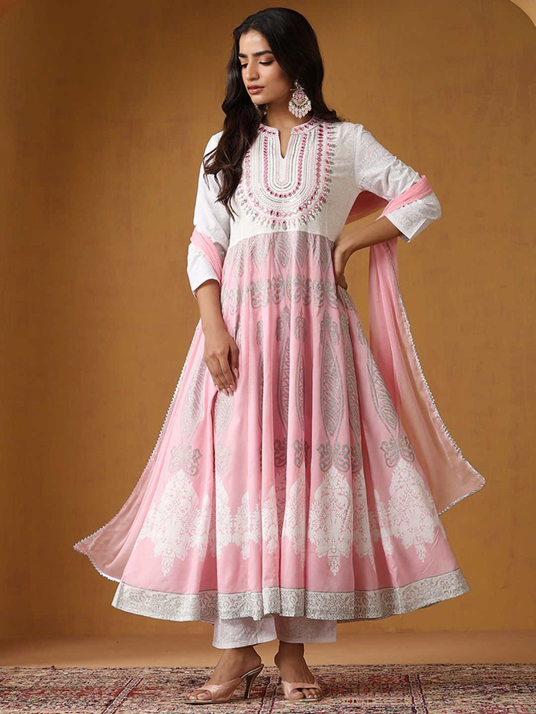 Khushal K Floral Embroidered Anarkali Thread Work Kurta With Palazzos & Dupatta