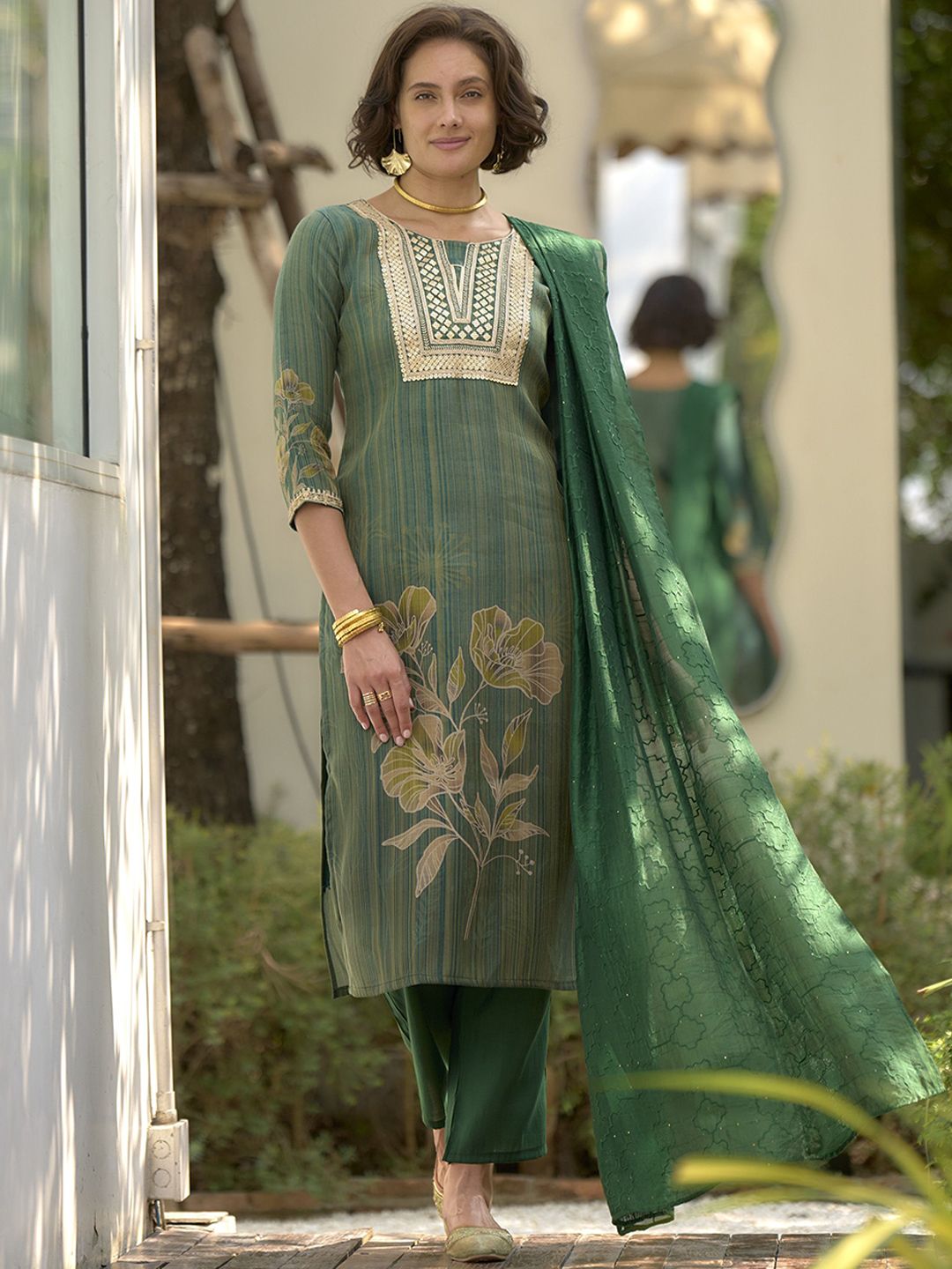 Ishin Floral Embroidered Sequinned Straight Kurta With Trousers & Dupatta
