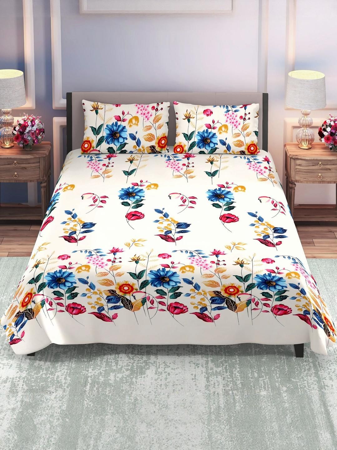 DREAM LIVING Cream-Coloured Floral 144 TC Queen Bedsheet with 2 Pillow Covers-picture-6