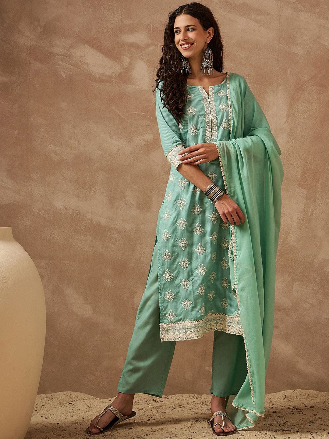 Anouk Women Floral Embroidered Cotton Kurta with Trousers & Dupatta