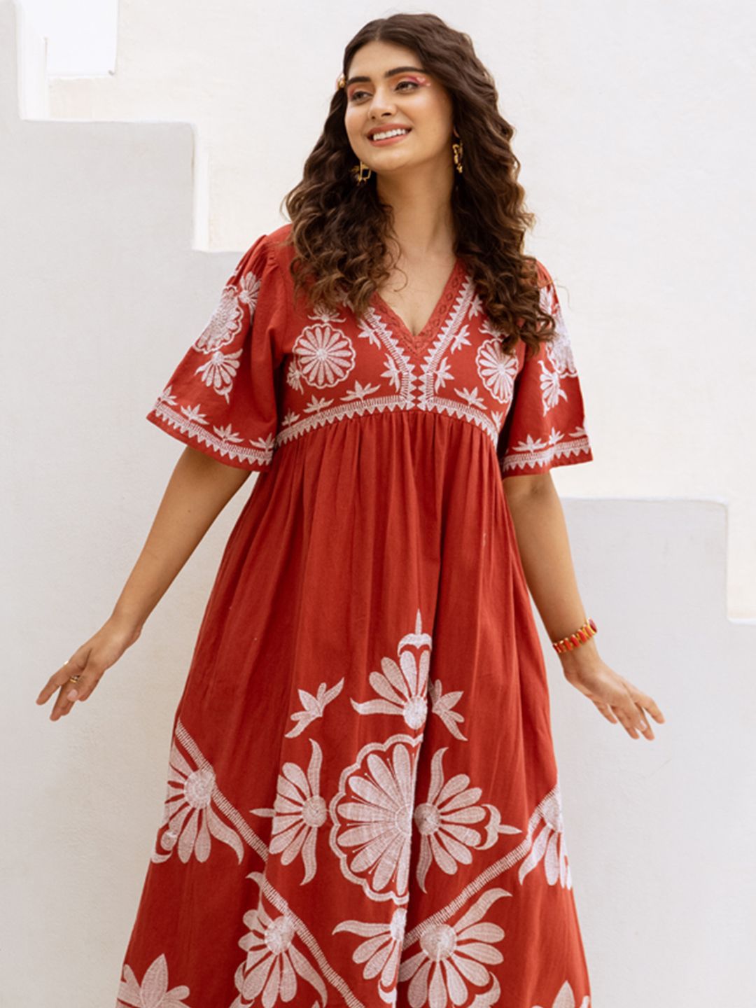 ZUMMER Women Floral Embroidered Bell Sleeve Empire Maxi Dress-picture-9