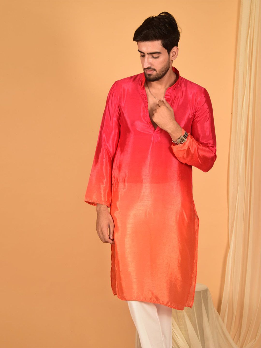 Laalzari Men Colourblocked Festive Silk Straight Kurta
