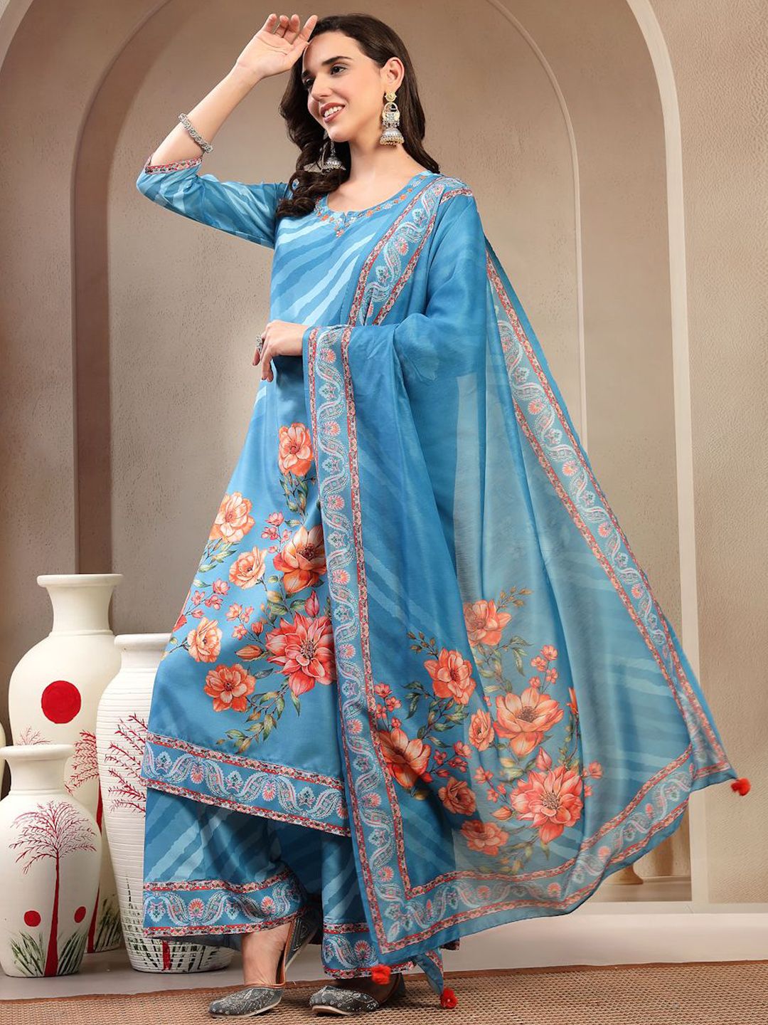 Sangria Women Floral Printed with Embroidered Kurta with Palazzos & Dupatta Set