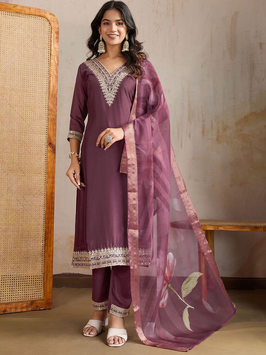 Inddus Ethnic Motifs Embroidered Yoke Design Thread Work Kurta With Trousers & Dupatta