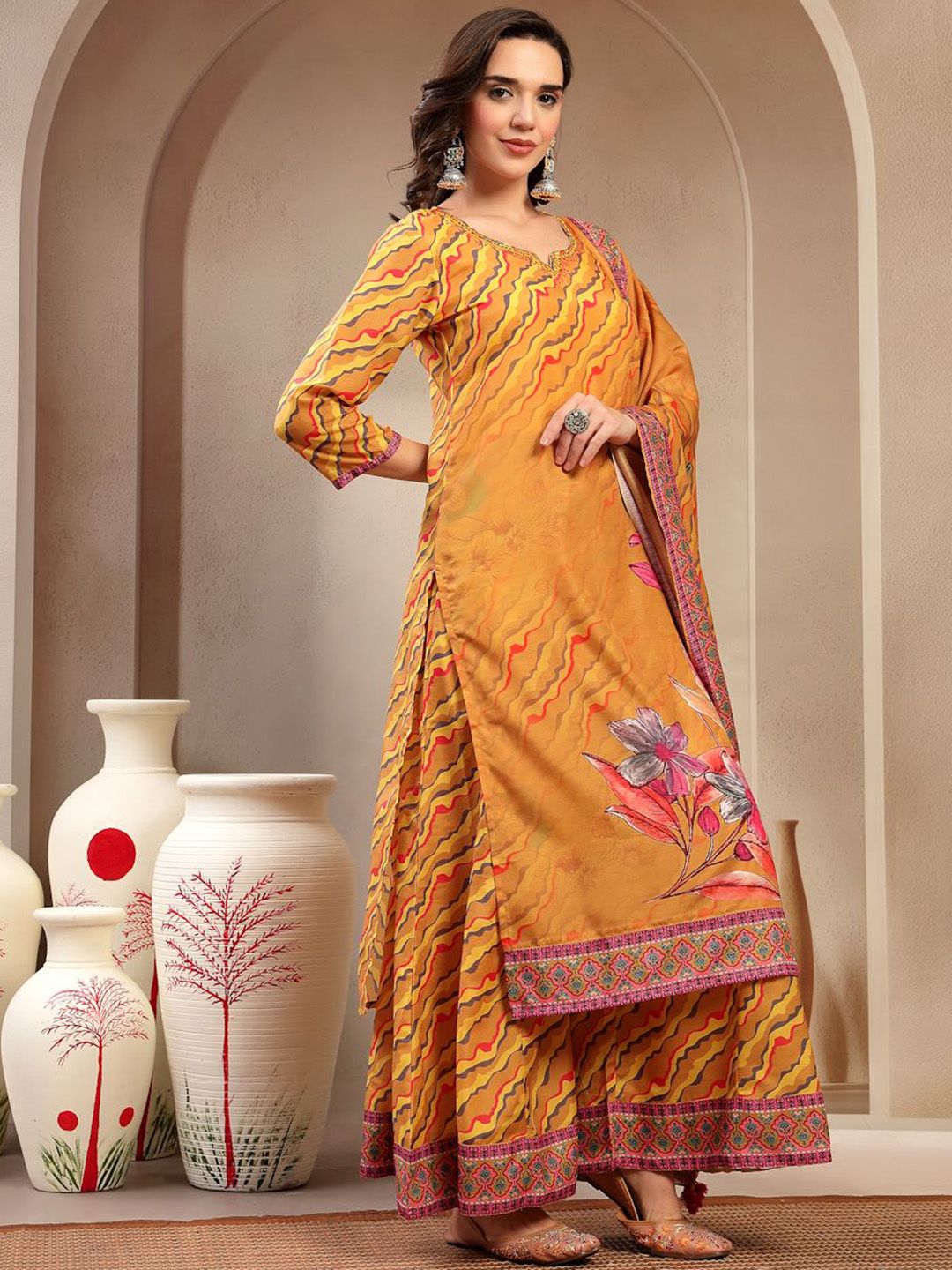 Sangria Floral Printed Notch Neck Mirror Work Straight Kurta With Palazzos & Dupatta