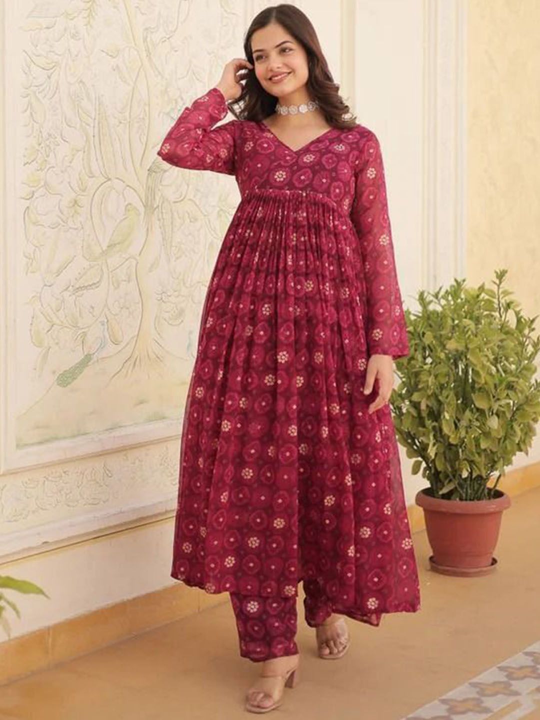 DIVASTRI Floral Printed Angrakha Silk Georgette Kurta With Trouser
