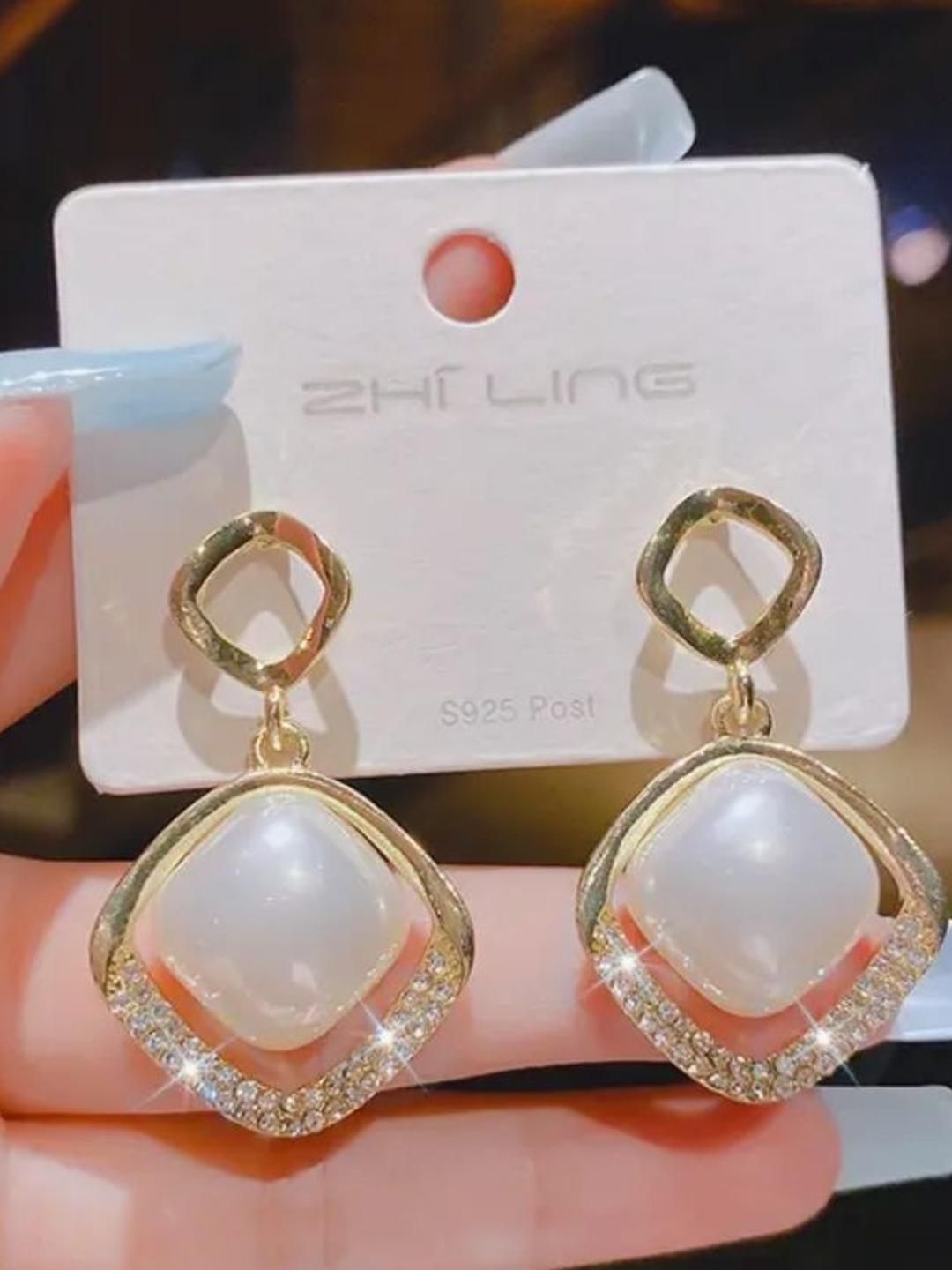 Estailo fashion Artificial Stones Studded & Beaded Diamond Shaped Drop Earrings-picture-35