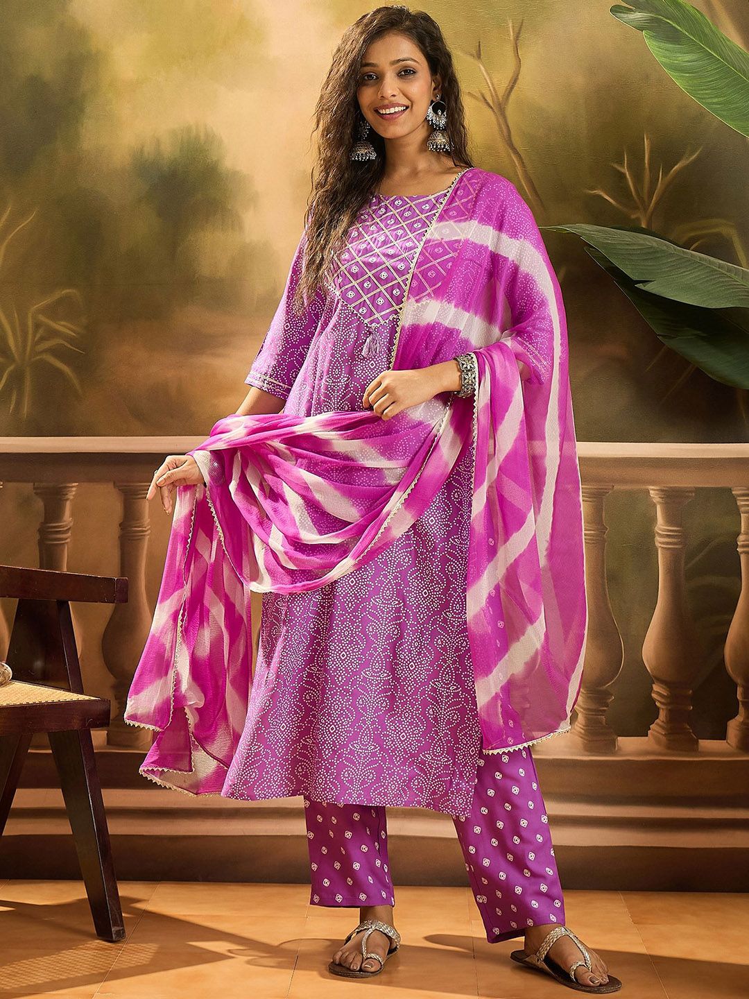 Sangria Bandhej Women Bandhani Print Straight Kurta with Trouser & Dupatta