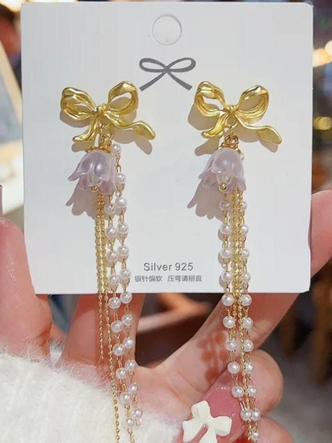 Estailo fashion Artificial Beaded Tasselled Bow Shaped Drop Earrings-picture-23