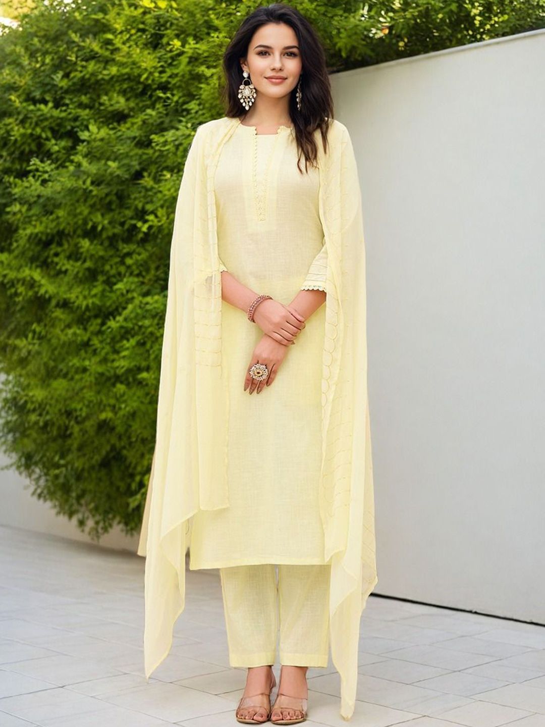SZN Linen Notch Neck Straight Kurta With Trousers And Dupatta