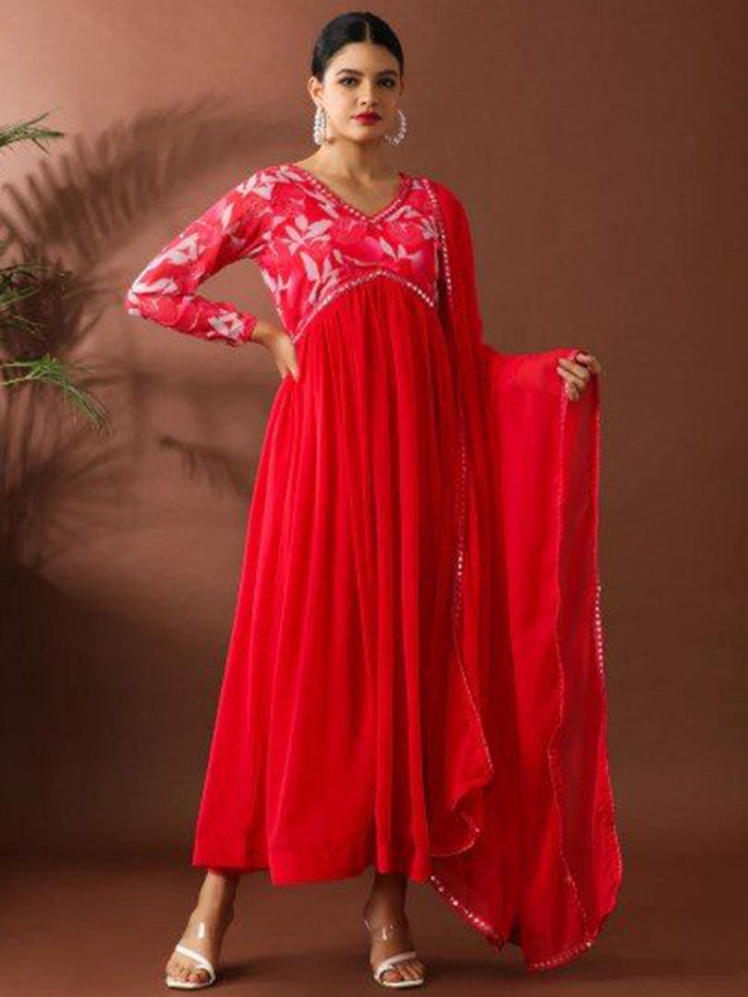 DIVASTRI Floral Printed Angrakha Kurta With Trousers & Dupatta