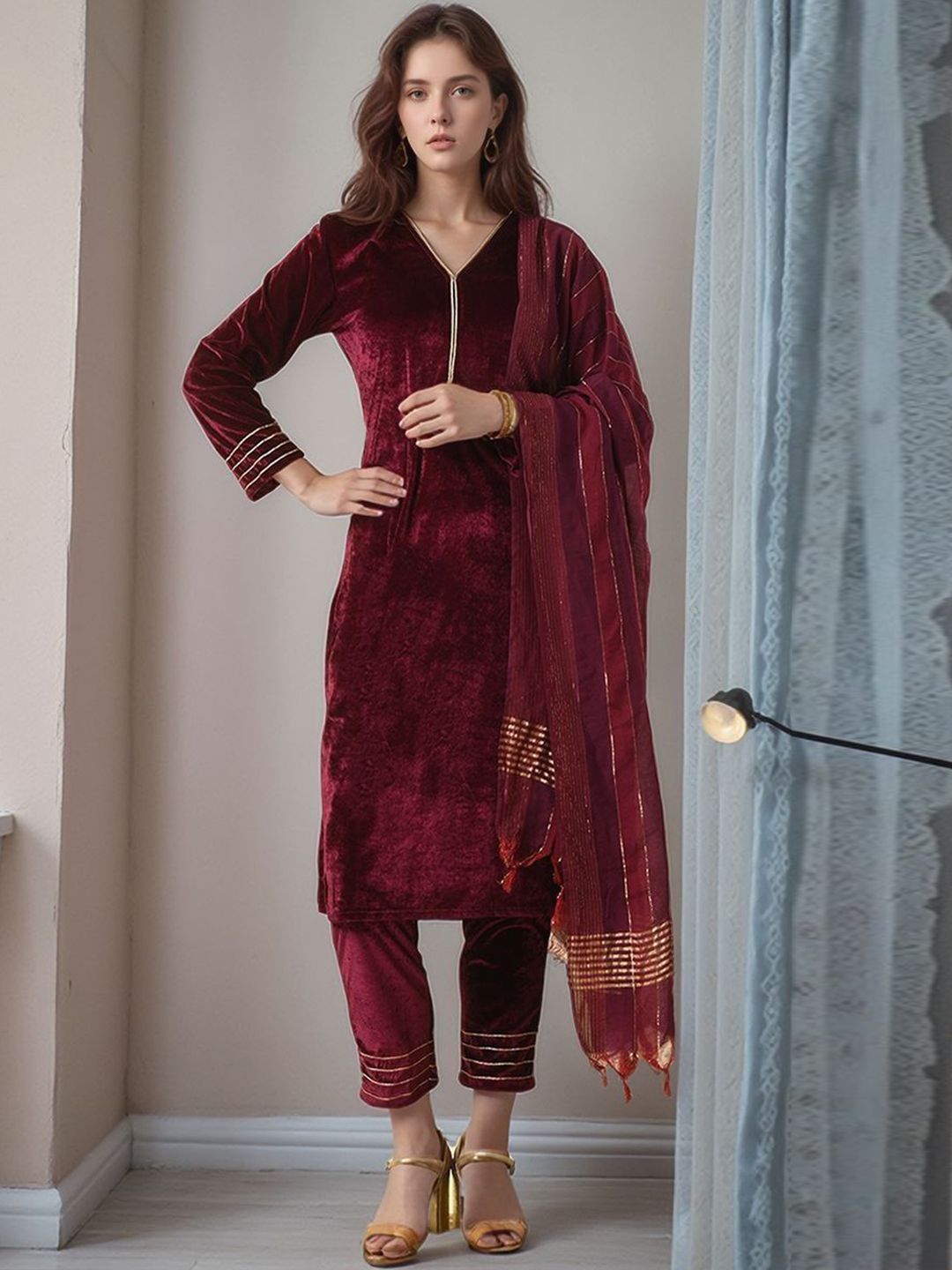 HERE&NOW Women Solid A-Line Kurta with Trousers & Dupatta