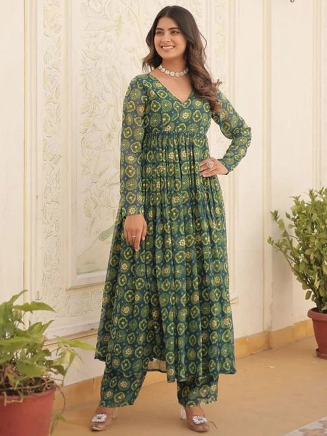 DIVASTRI Printed Angrakha Silk Georgette Kurta With Trousers