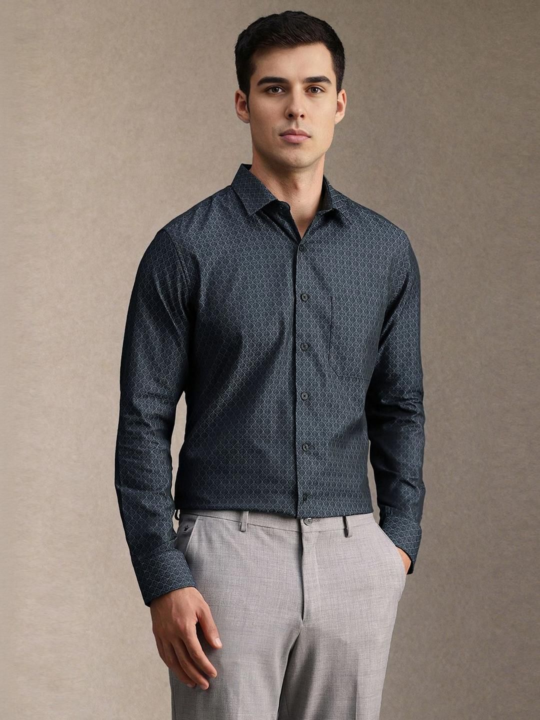 Louis Philippe Geometric Printed Spread Collar Formal Pure Cotton Slim Fit Shirt-picture-16