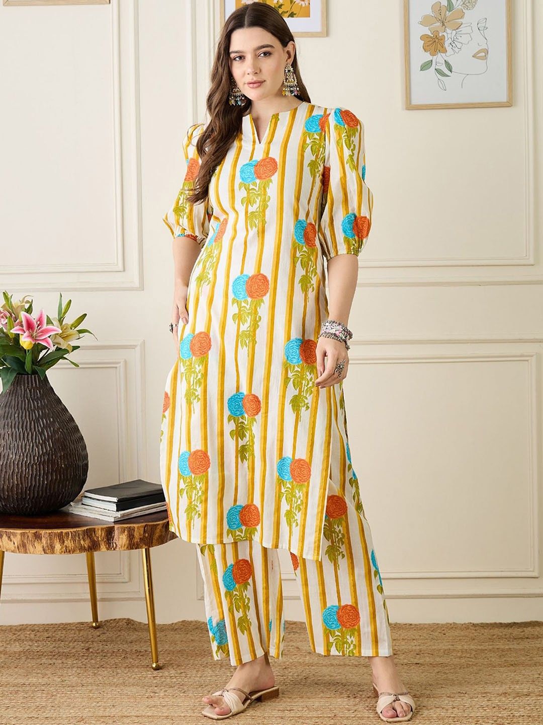 PHYSIL Women Floral Printed Pure Cotton Kurta with Trouser