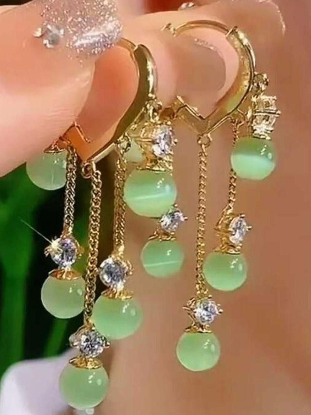 Estailo fashion Artificial Stones Studded & Beaded Teardrop Shaped Drop Earrings-picture-10