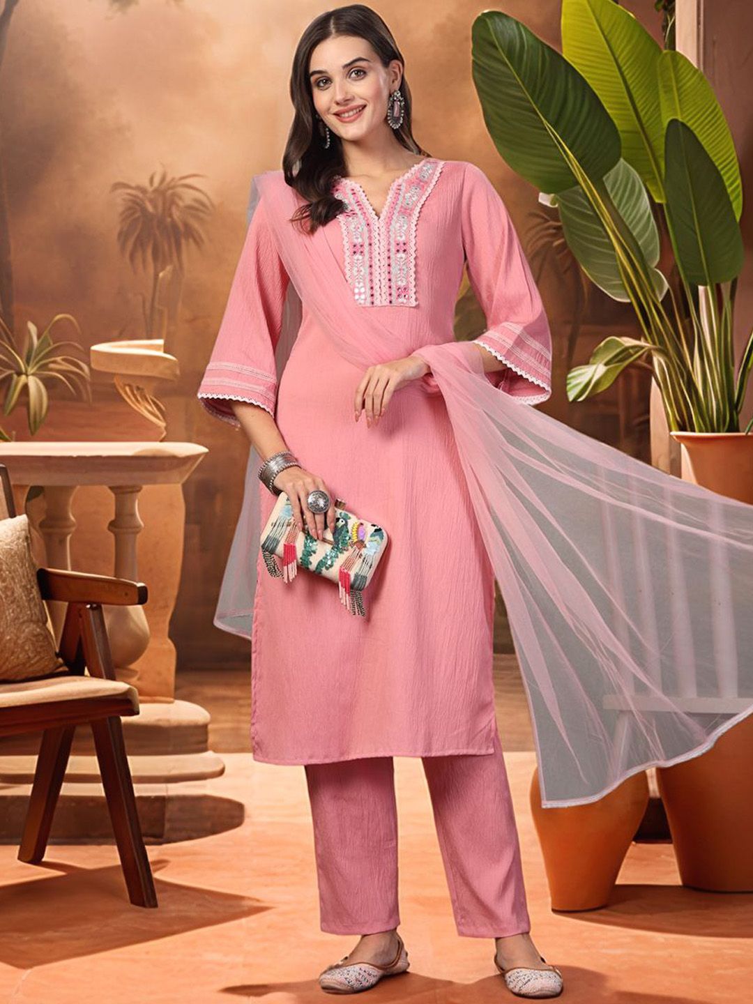 Sangria Floral Yoke Design Mirror Work Straight Kurta With Trousers & Dupatta