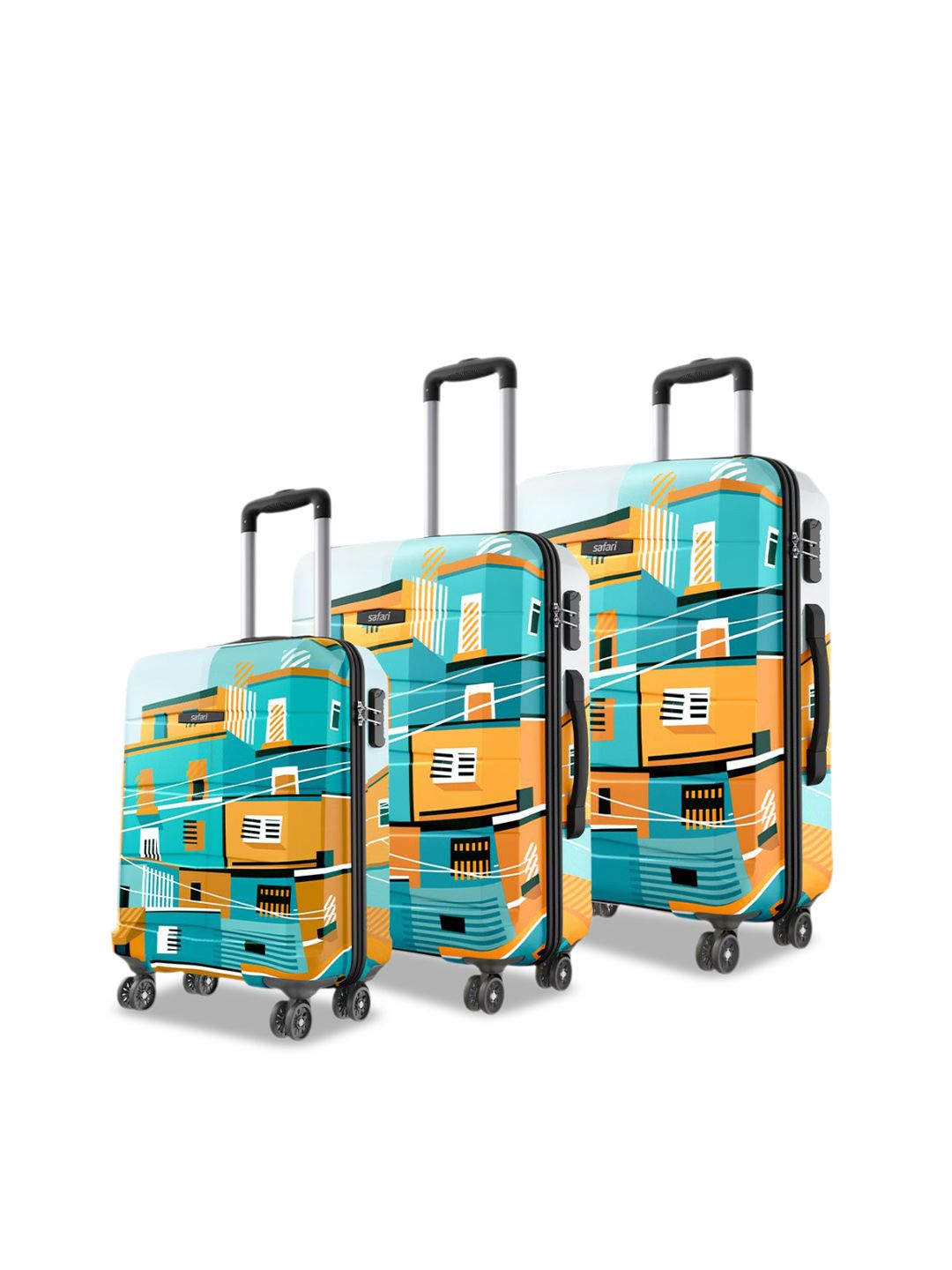 Safari Oasis Neo Set Of 3 Printed 8 Wheel Hard Sided Trolley Suitcase