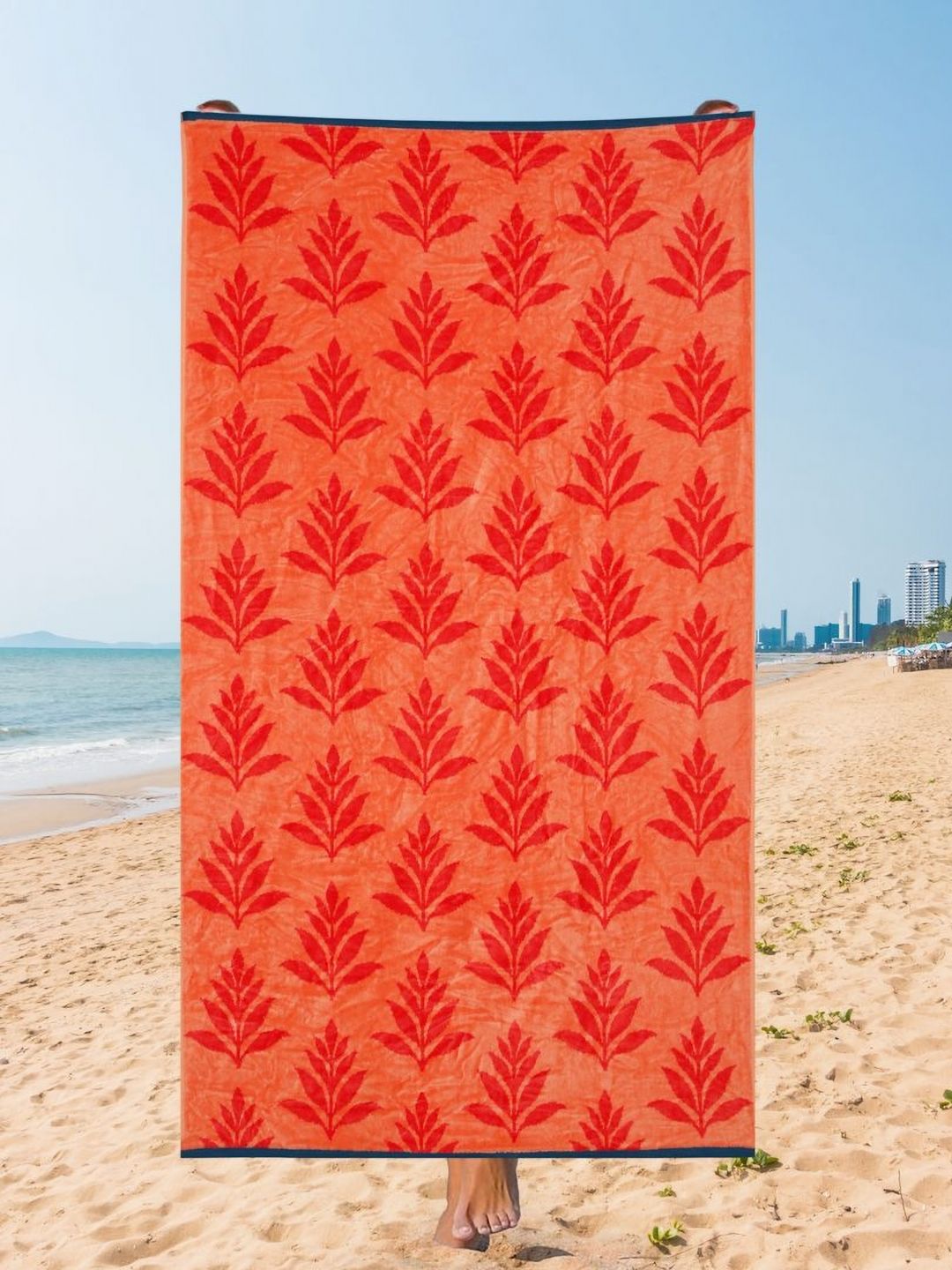 Creeva Orange-Colored & Red Printed 500 GSM Cotton Beach Towel-image-2