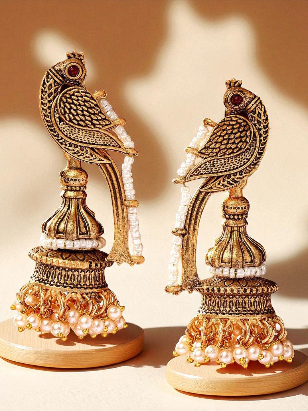 OOMPH Artificial Stones Studded & Beaded Peacock Shaped Jhumkas-image-10