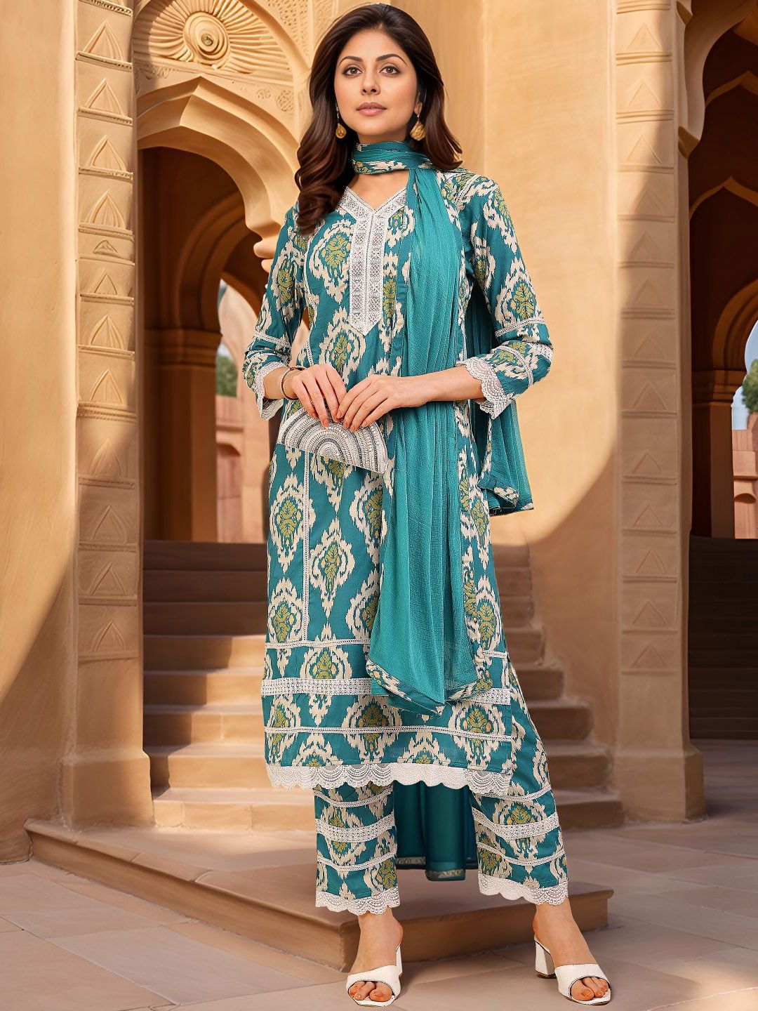 Banwaree Women Ethnic Printed Ikat Regular Pure Cotton Kurta With Trousers & Dupatta