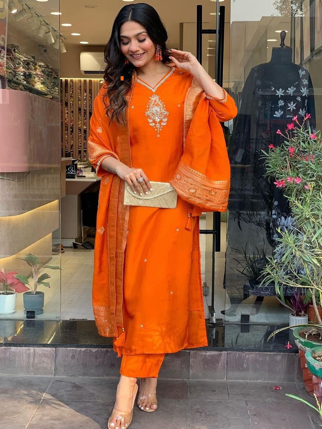 DIVASTRI Women Floral Embroidered Cotton Kurta with Trousers & Dupatta