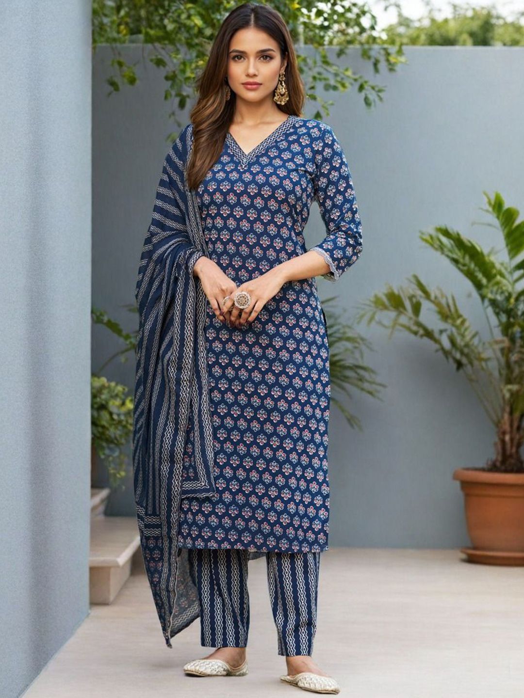 SZN Women Floral Printed Cotton Kurta with Trousers & Dupatta