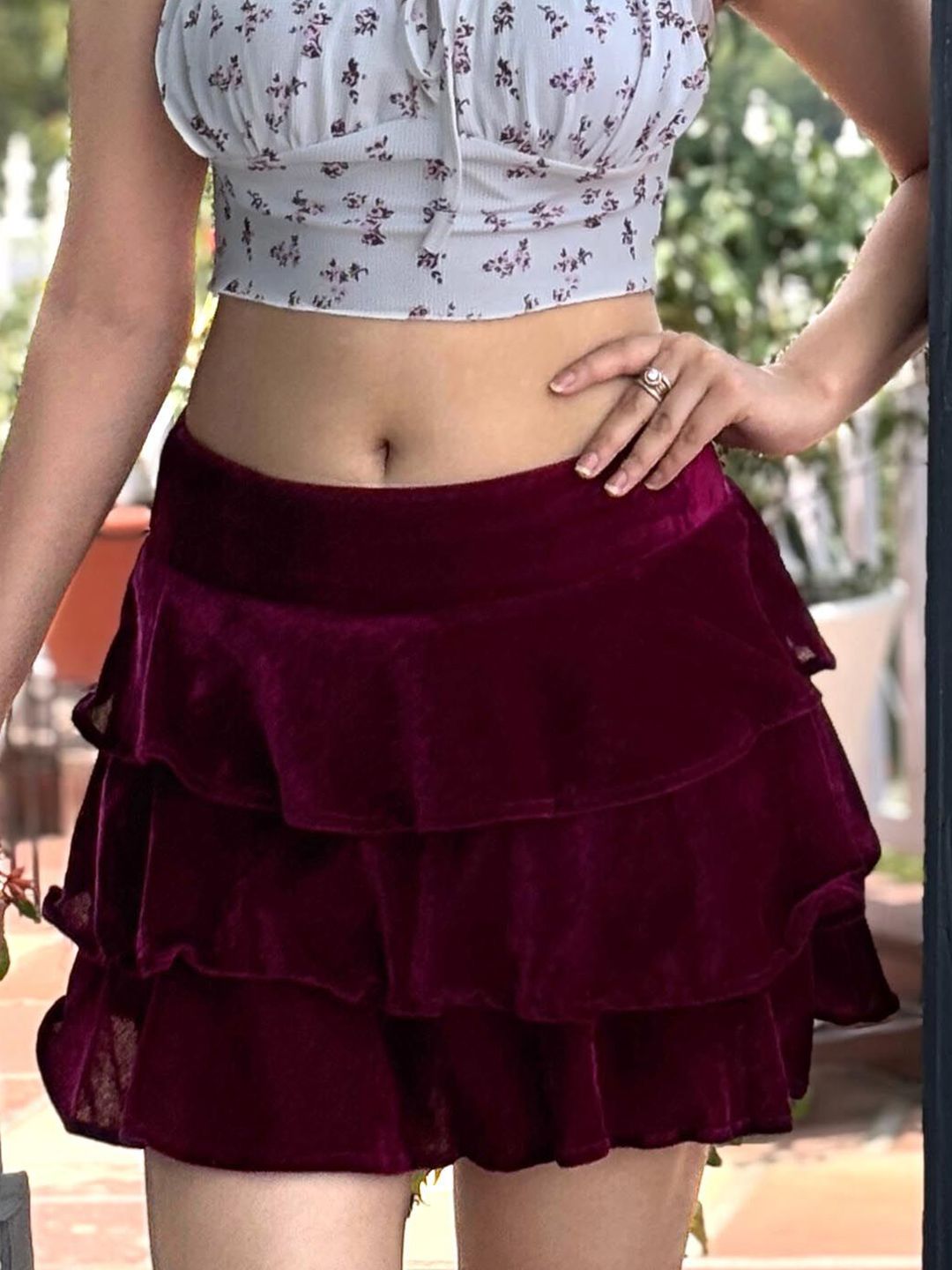 TANDUL Velvet Layered Flared Above Knee Skirt-picture-14