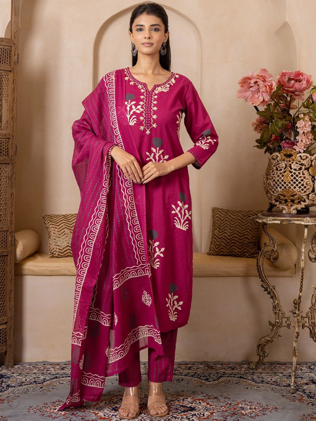 SHIVARA Floral Printed High Slit Sequinned Pure Cotton Kurta With Trousers & Dupatta