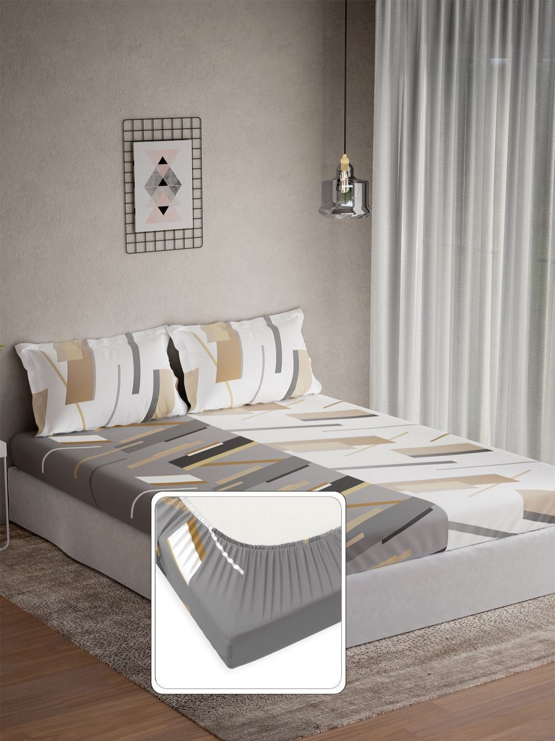 DDecor Omega Grey Geometric Cotton 144 TC Fitted Double King Bedsheet Set-1.82 m X 1.98 m-image-44