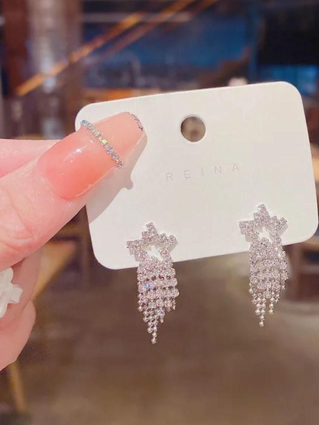 Estailo fashion Artificial Stones Studded & Beaded Tasselled Star Shaped Studs-picture-38