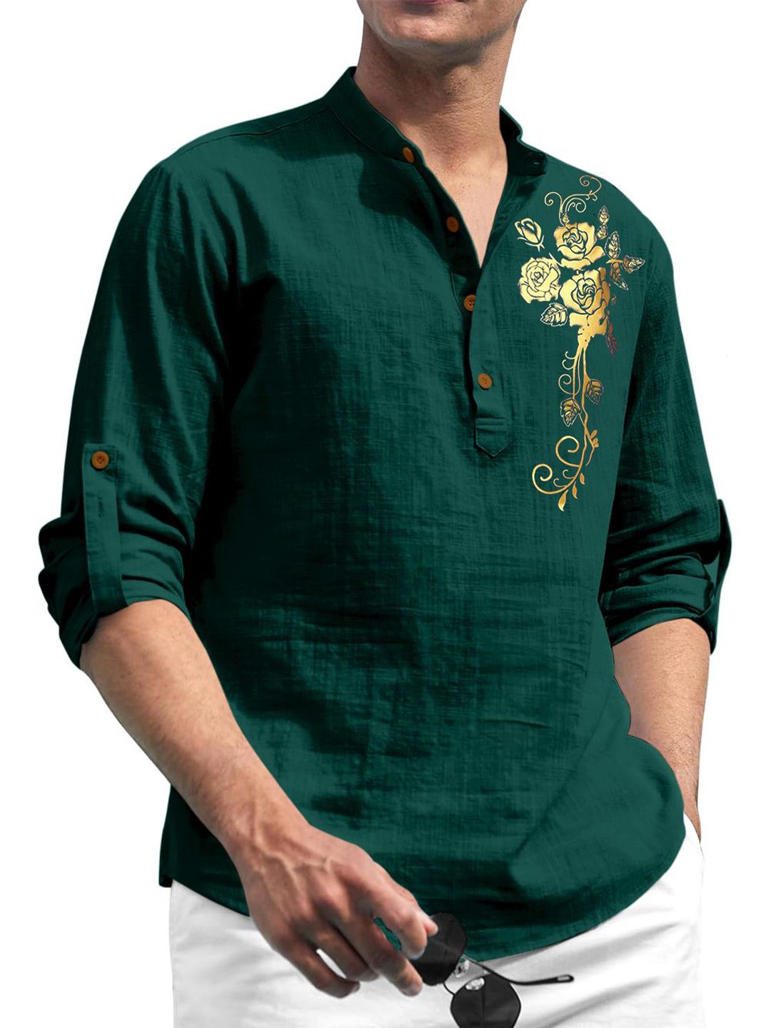 Zombom Men Floral Printed Mandarin Collar Kurta-picture-28