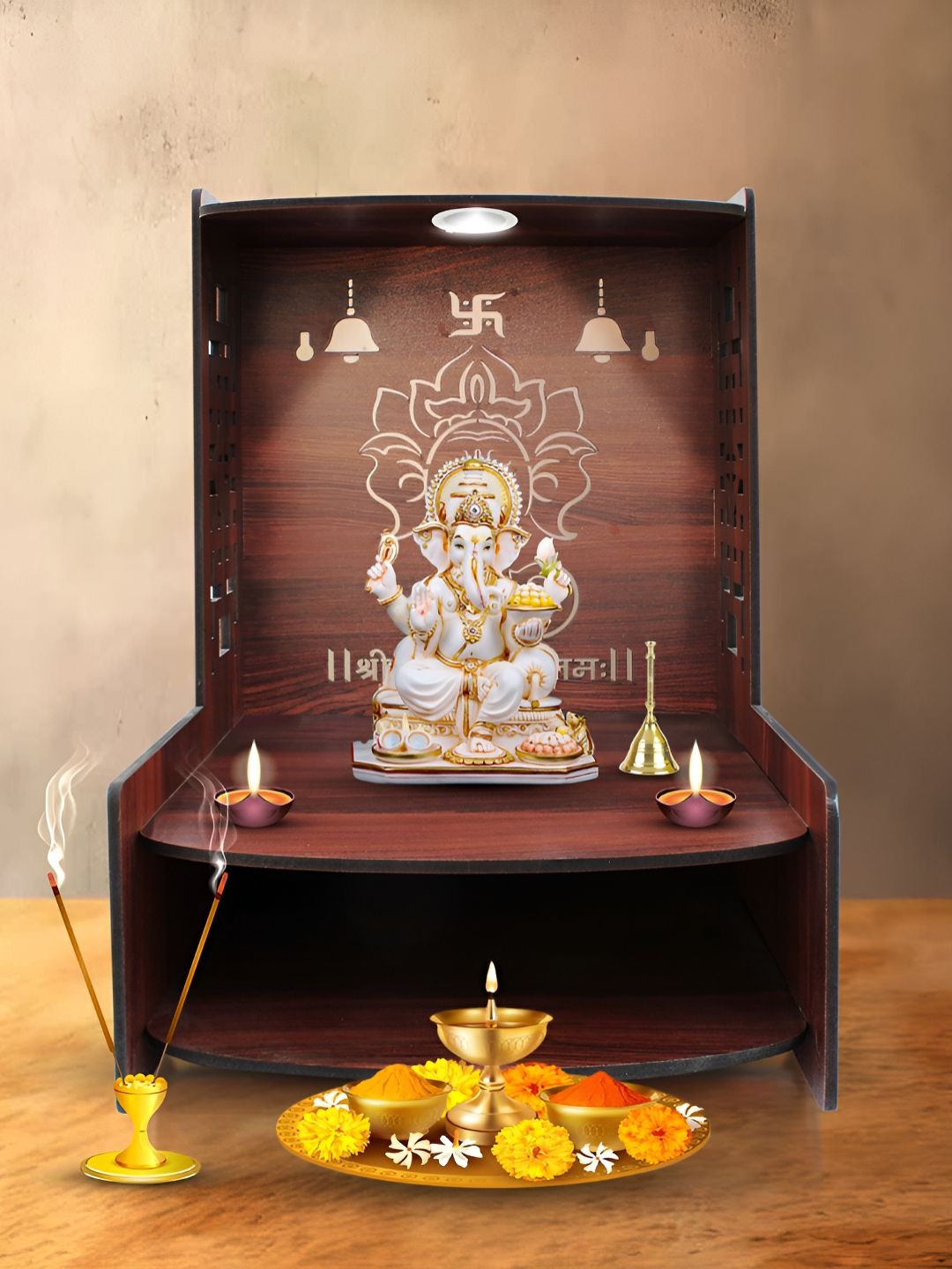 OLIVE TREE Brown Textured Wooden Home Temple