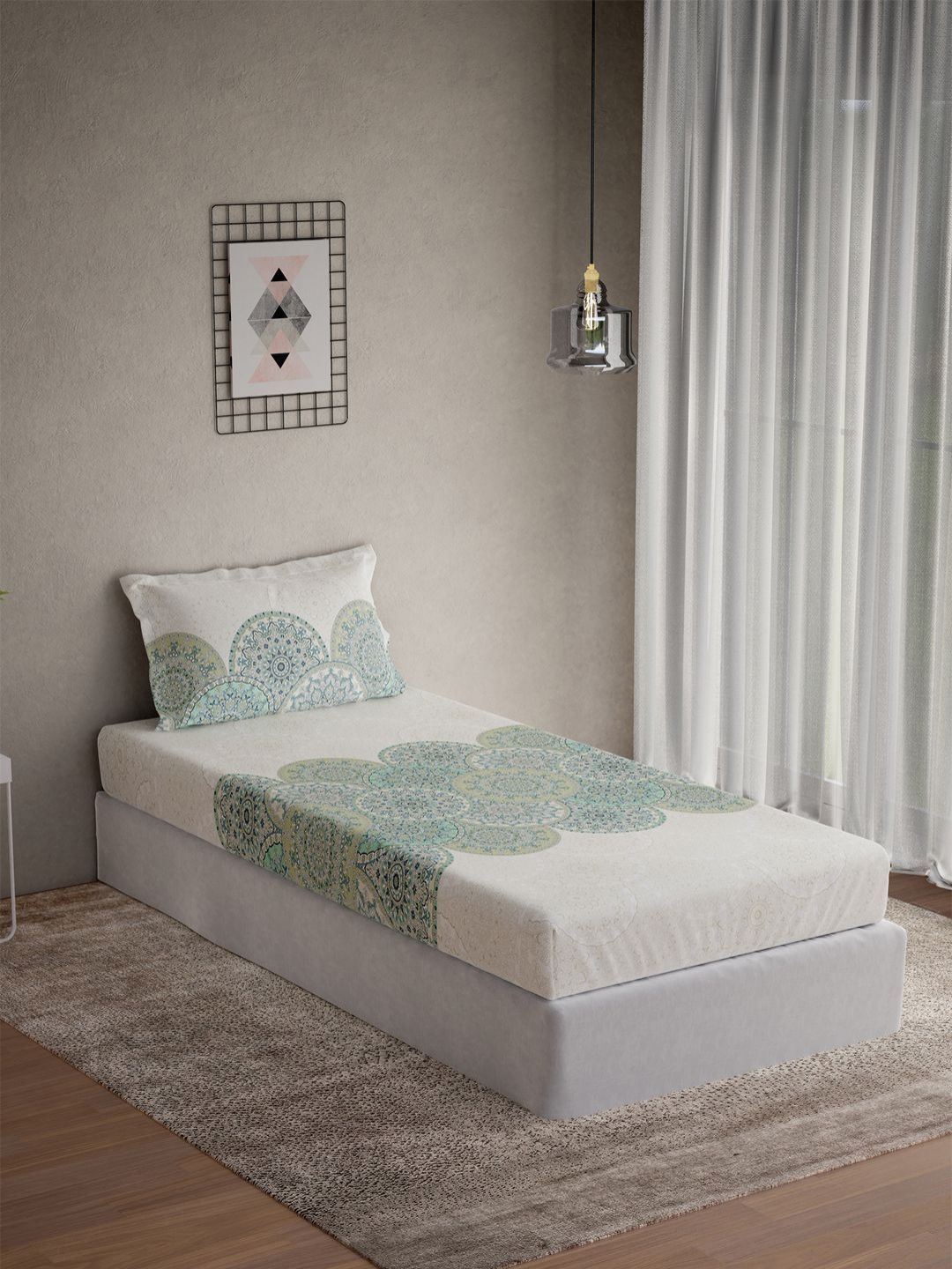 DDecor Vega Green & White Printed Cotton 144 TC Single Bedsheet Set 2.24 m x 1.52 m-picture-17