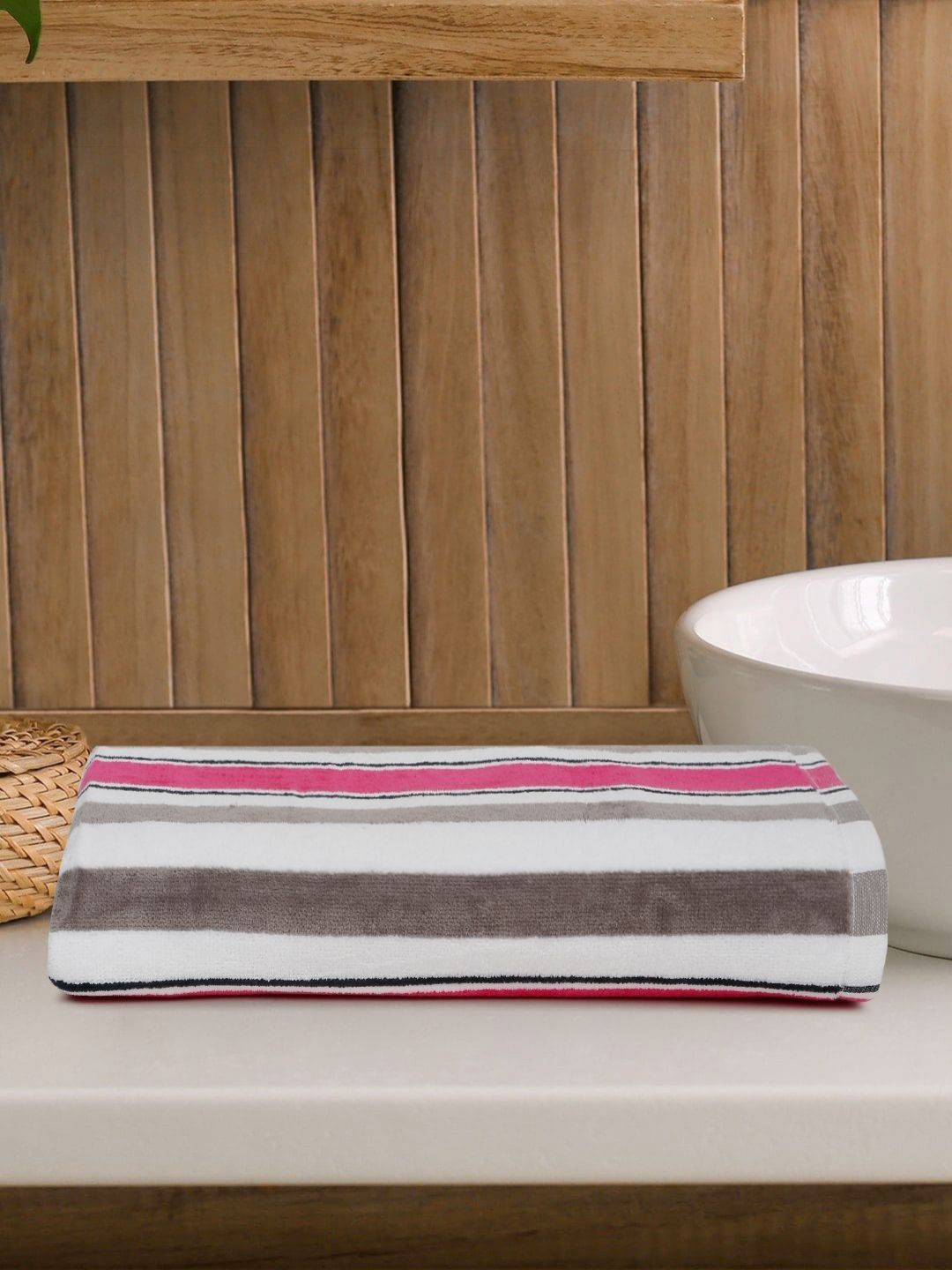Creeva Pink & White Striped 500 GSM Cotton Beach Towel