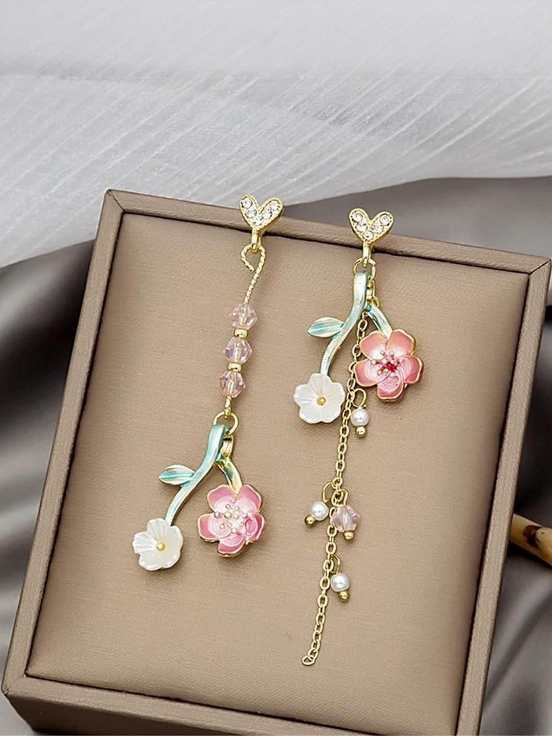 Estailo fashion Artificial Stones Studded & Beaded Floral Drop Earrings-picture-37