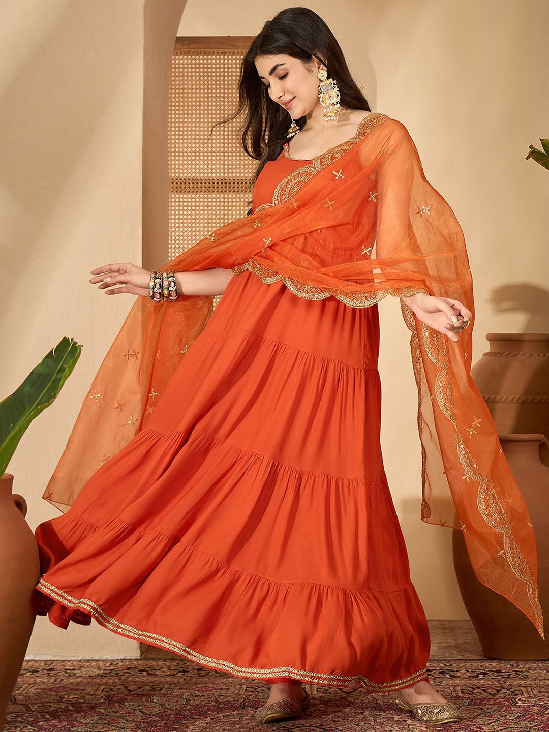 Sangria Women Shoulder Straps Floor Length Kurta with Trousers & Embroidered Dupatta Set