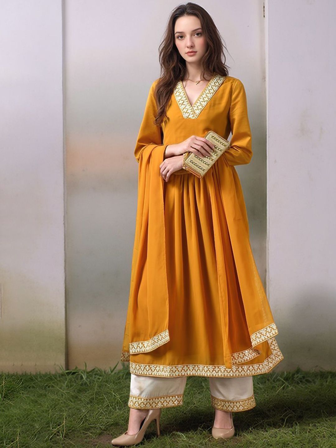 HERE&NOW Ethnic Motifs Embroidered Mirror Work A-Line Kurta With Trousers & Dupatta