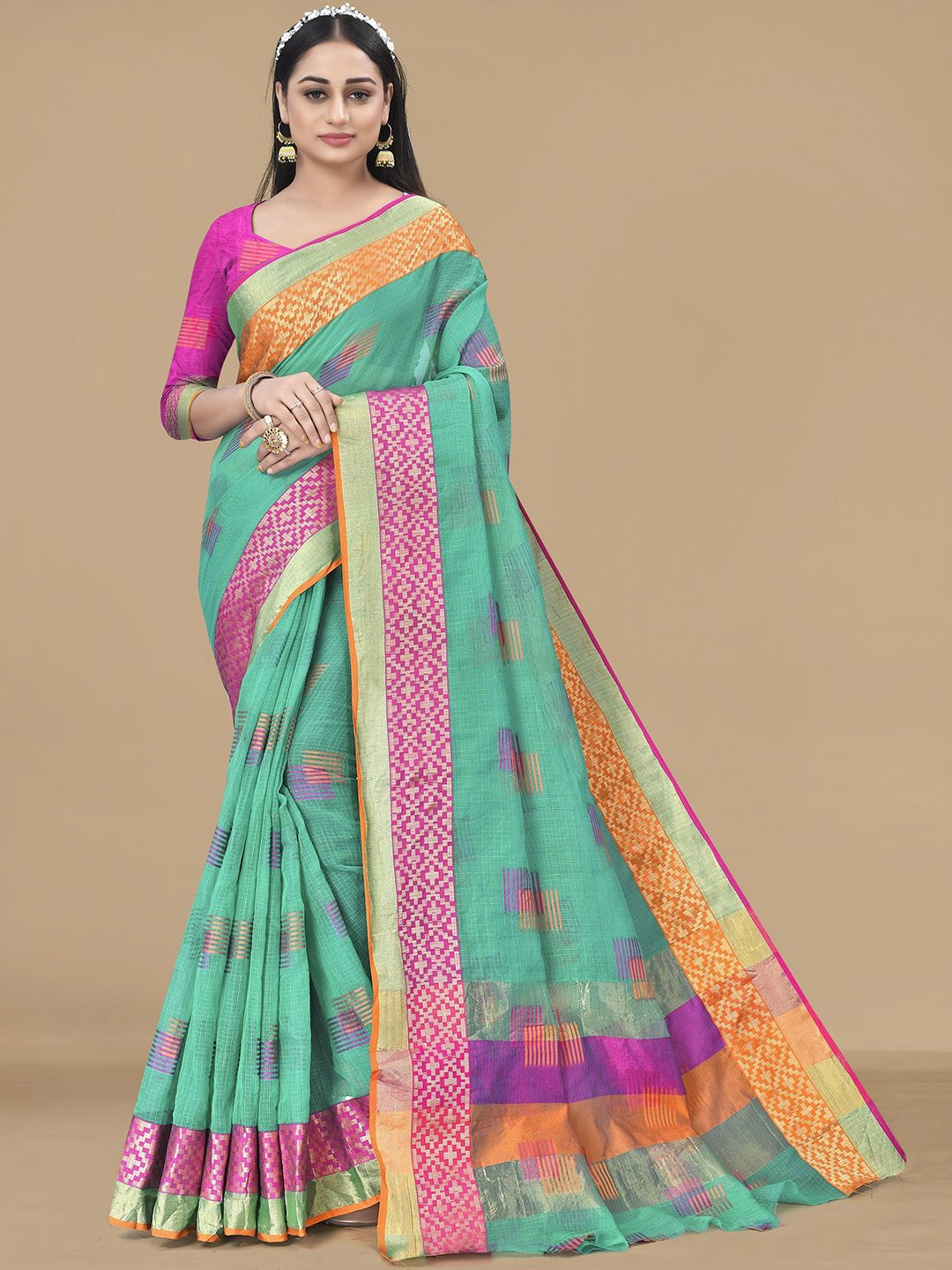Moda Rapido Geometric Woven Design Zari Patta Saree with Blouse Piece-picture-29