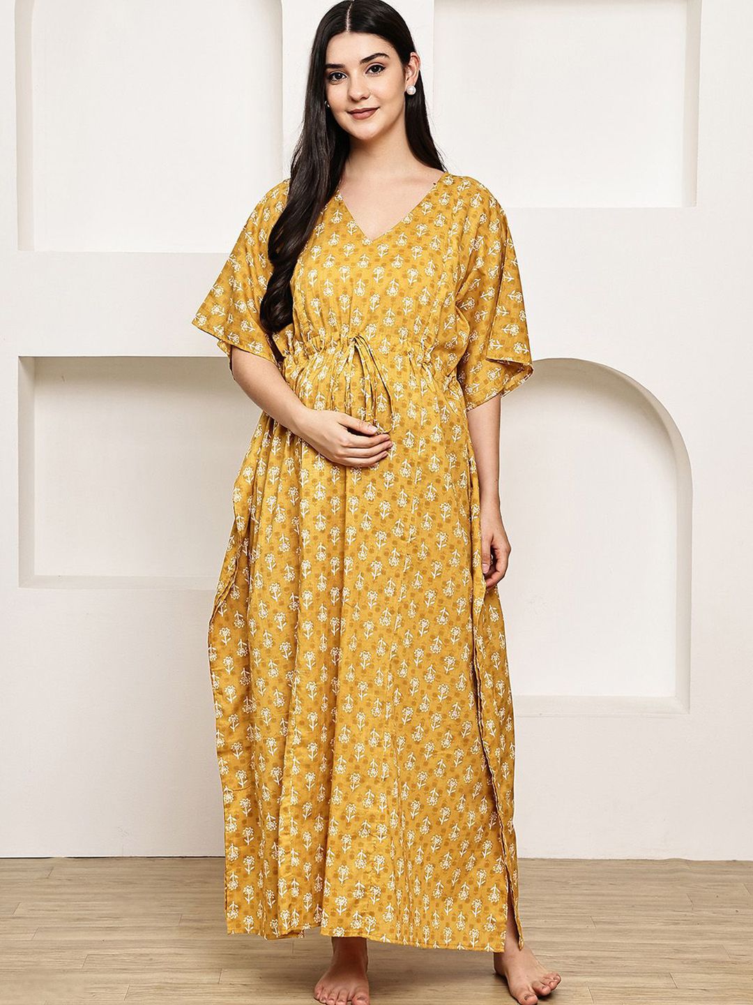 Secret Wish Women Floral Printed V-Neck Pure Cotton Maternity Maxi Kaftan Nightdress-picture-19