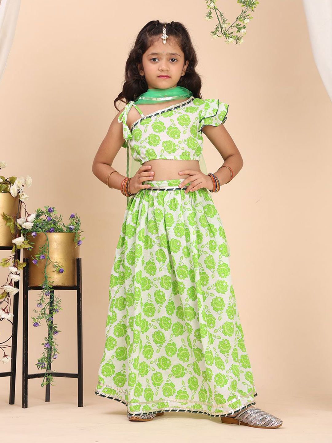 Cutiekins Girls Floral Printed Ready to Wear Cotton Lehenga & Blouse With Dupatta-picture-19
