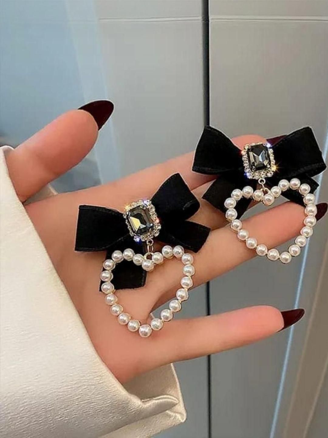 Estailo fashion Artificial Stones Studded & Beaded Heart Shaped Drop Earrings-picture-36