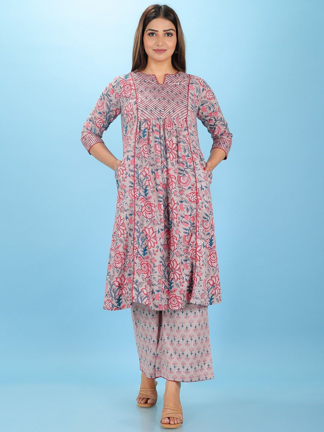 Aramya Floral Printed Notach Neck Panelled Pure Cotton  A-Line Kurta With Palazzos