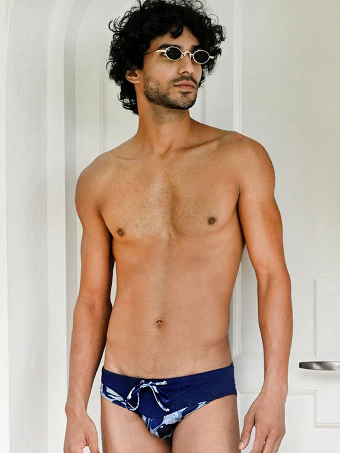 Cut & Sew two tones Swim breifs In Imprints of Flow Vivid Wavelets in Navy Blue-image-42