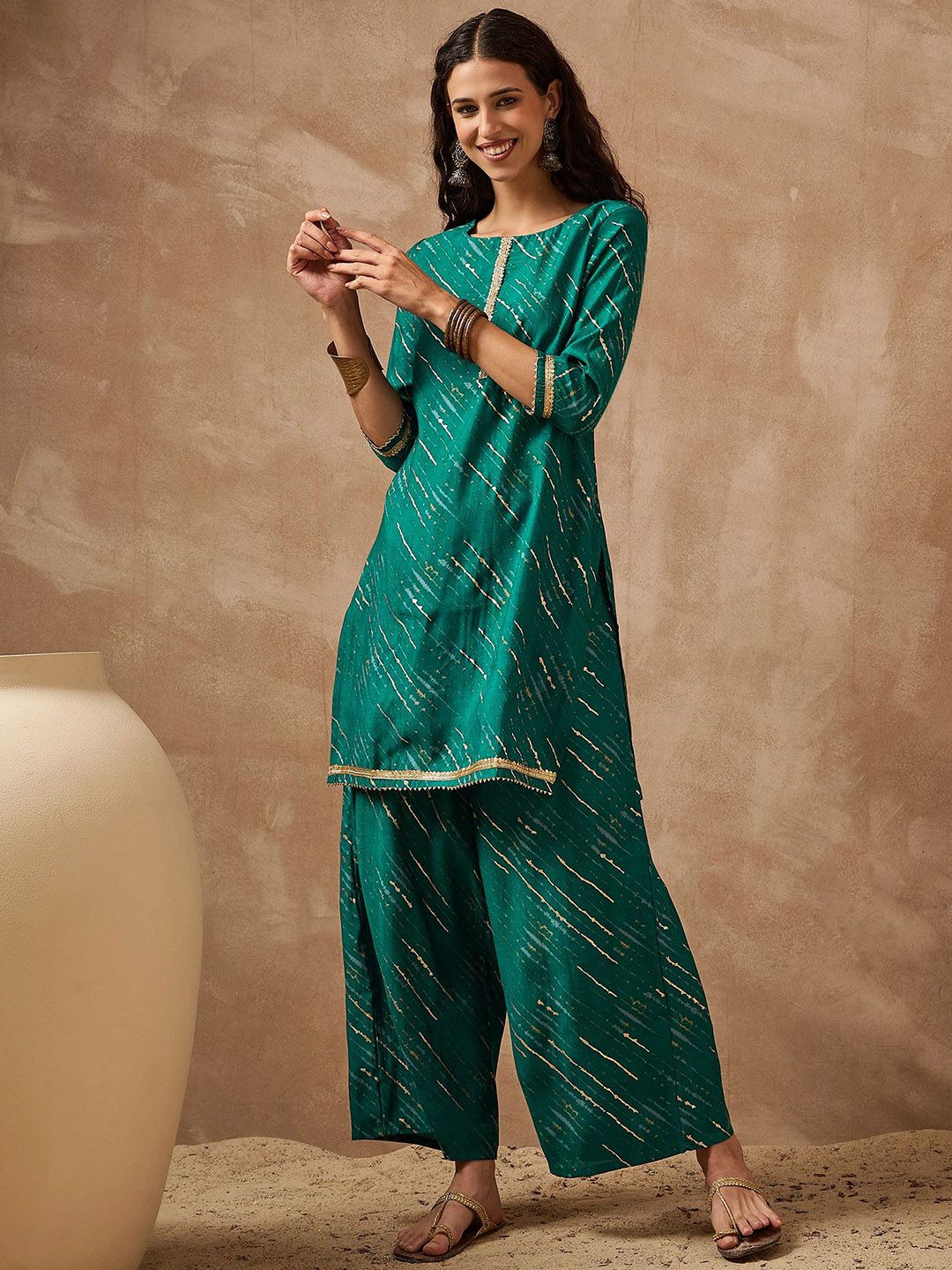 Anouk Women Leheriya Striped Kurta with Trousers & Dupatta