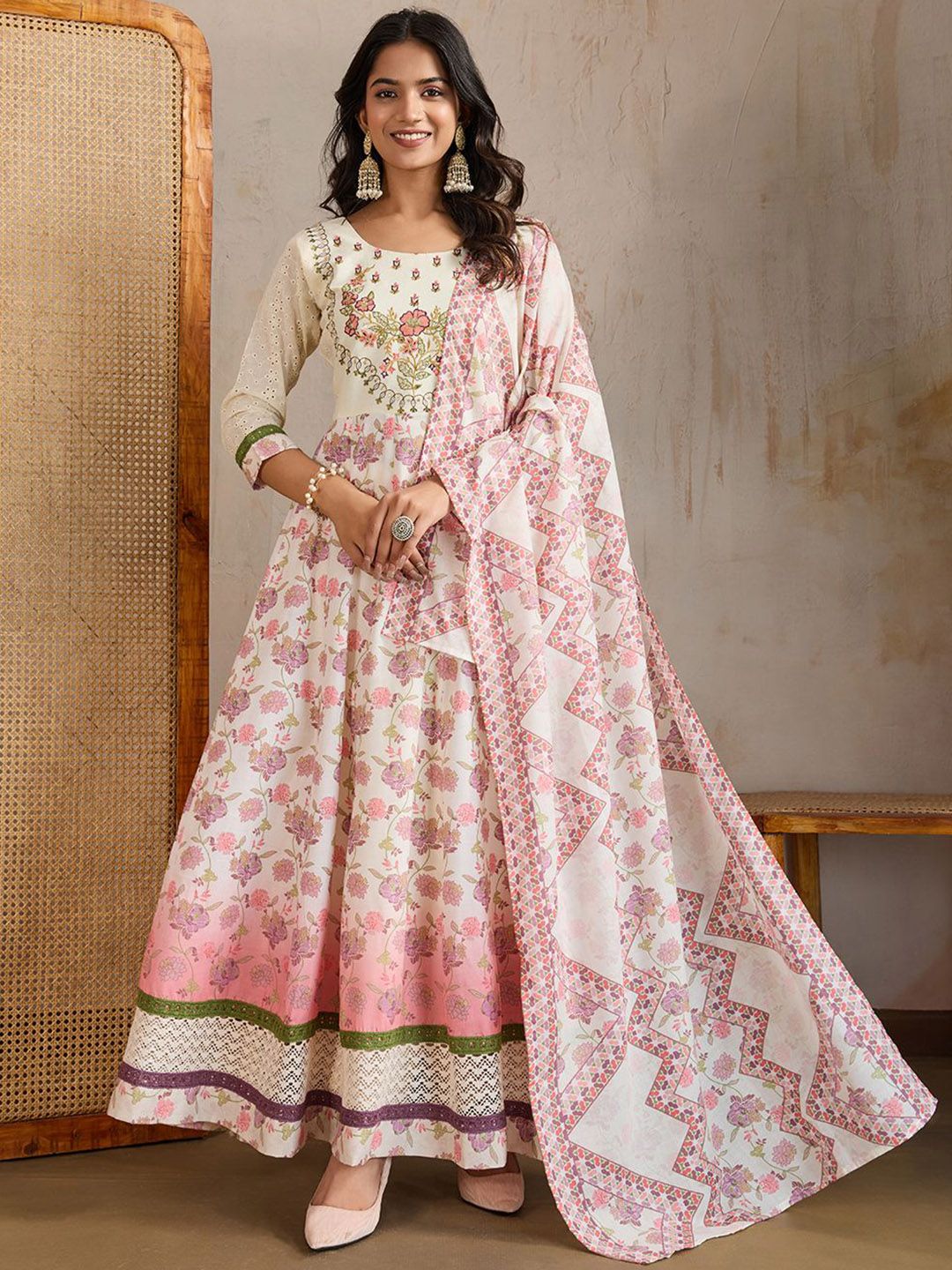 Inddus Women Floral Print Regular Thread Work Anarkali Kurta with Trousers & Dupatta